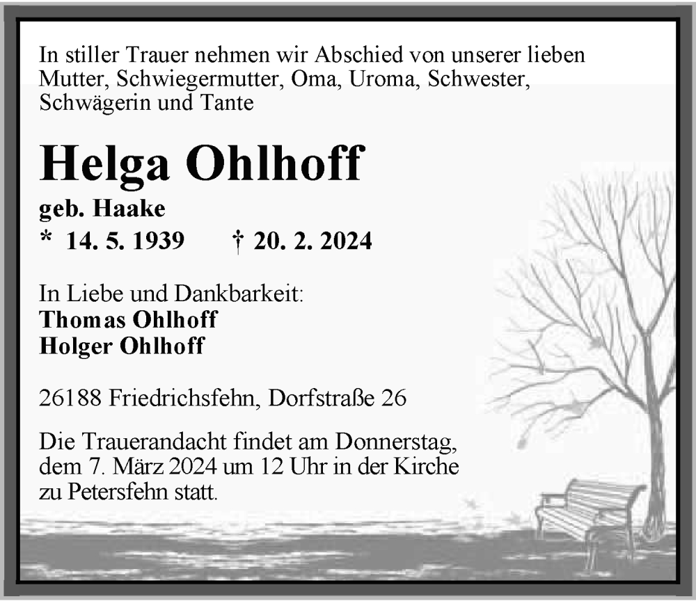  Traueranzeige für Helga Ohlhoff vom 29.02.2024 aus Nordwest-Zeitung