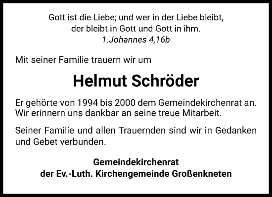 Traueranzeige von Helmut Schröder von Nordwest-Zeitung