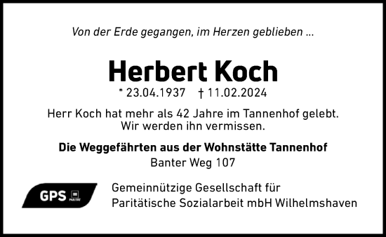 Traueranzeige von Herbert Koch von WZ/JW/AH
