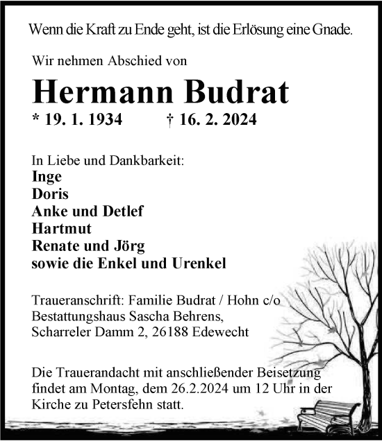 Traueranzeige von Hermann Budrat von Nordwest-Zeitung
