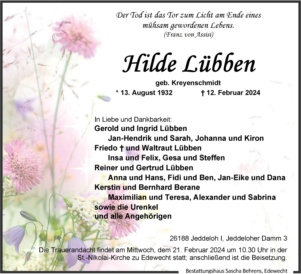  Traueranzeige für Hilde Lübben vom 17.02.2024 aus Nordwest-Zeitung