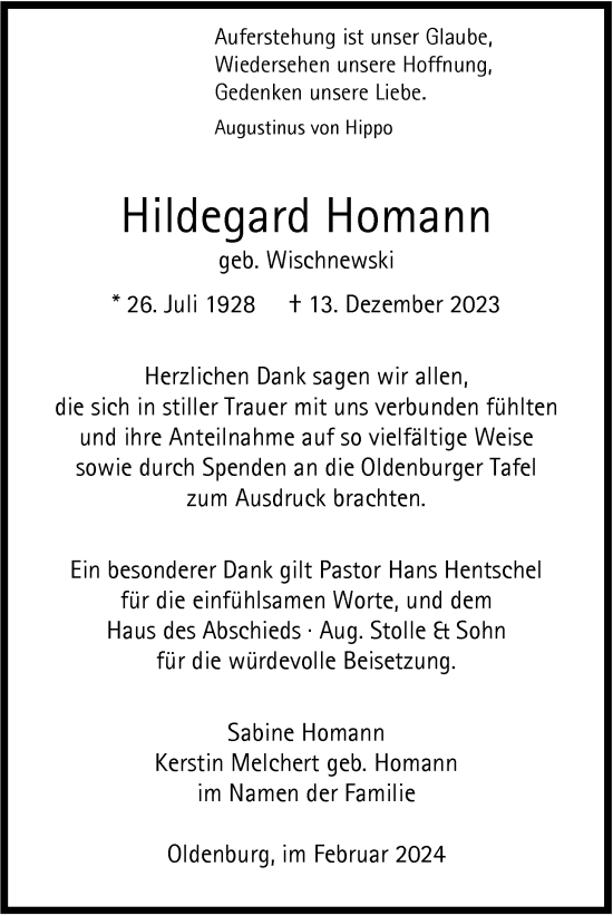 Traueranzeige von Hildegard Homann von Nordwest-Zeitung