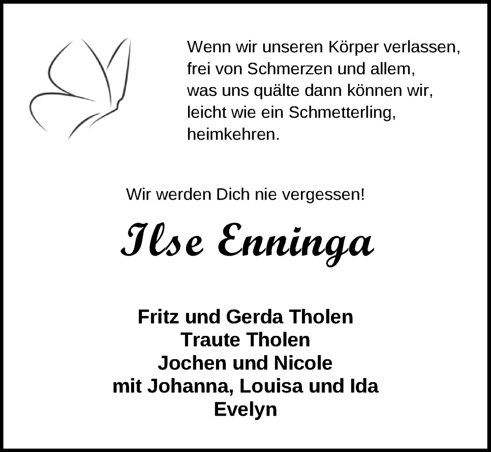  Traueranzeige für Ilse Enninga vom 14.02.2024 aus WZ/JW/AH