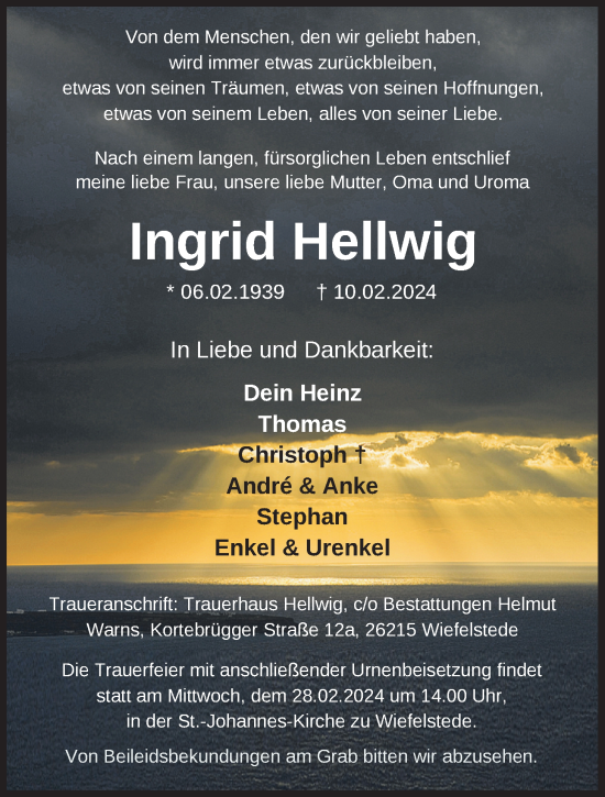 Traueranzeige von Ingrid Hellwig von Nordwest-Zeitung