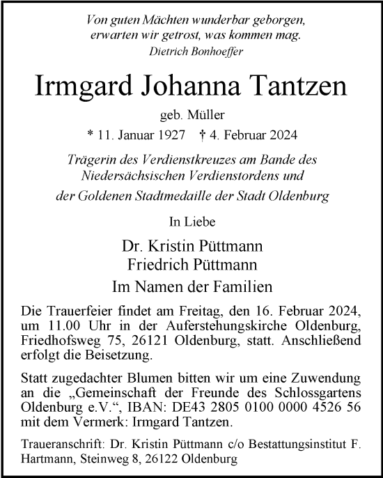 Traueranzeige von Irmgard Johanna Tantzen von Nordwest-Zeitung