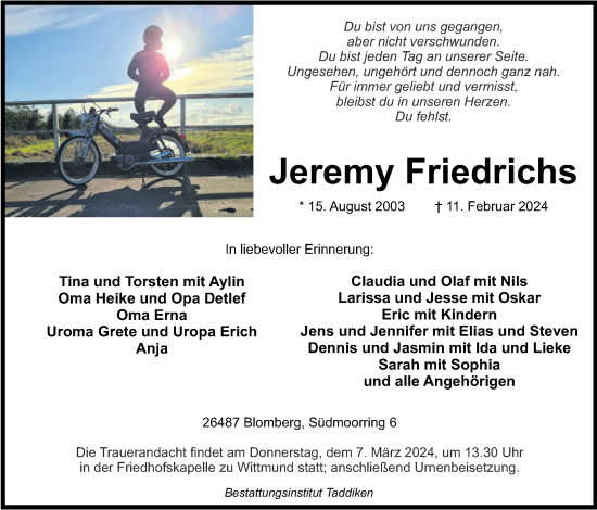 Traueranzeige von Jeremy Friedrichs von WZ/JW/AH
