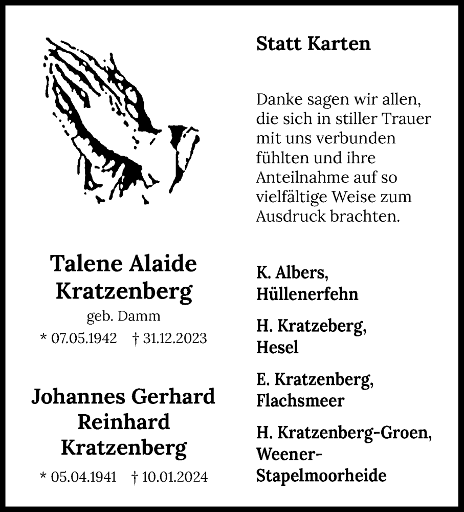 Traueranzeigen Von Johannes Gerhard Reinhard Kratzenberg | Nordwest ...