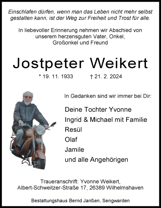 Traueranzeige von Jostpeter Weikert von WZ/JW/AH