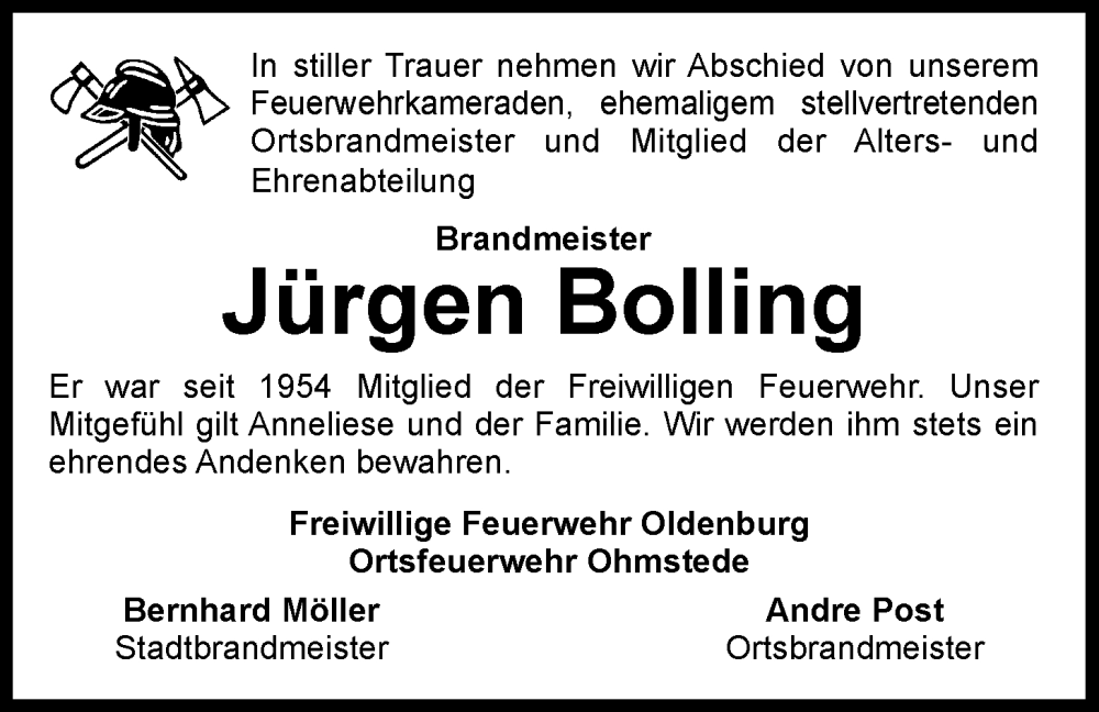  Traueranzeige für Jürgen Bolling vom 14.02.2024 aus Nordwest-Zeitung