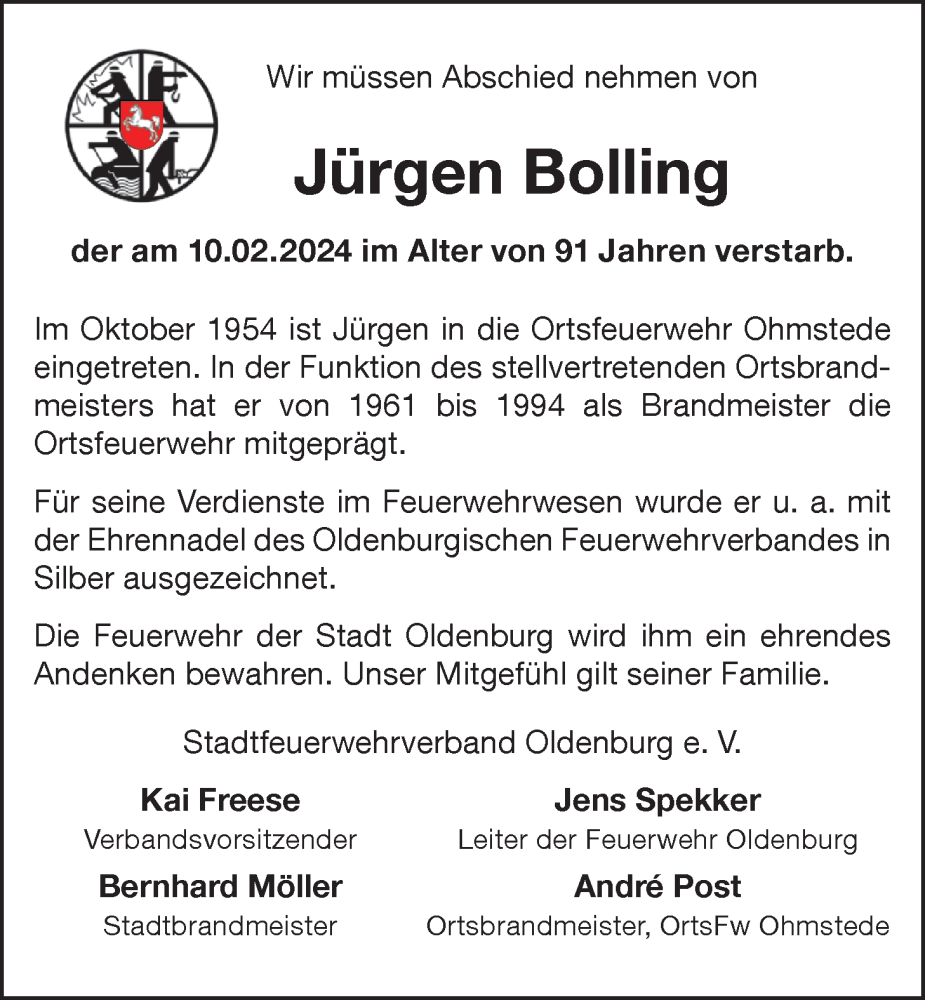  Traueranzeige für Jürgen Bolling vom 15.02.2024 aus Nordwest-Zeitung