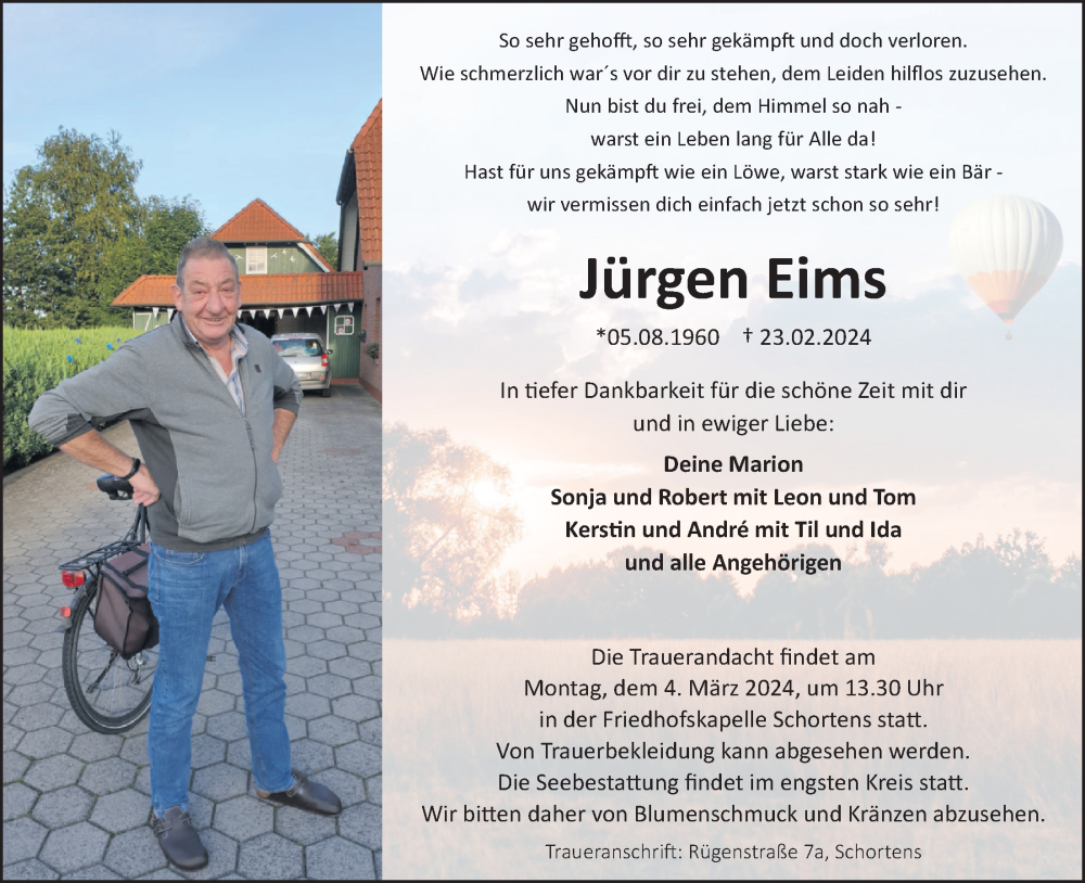  Traueranzeige für Jürgen Eims vom 27.02.2024 aus WZ/JW/AH