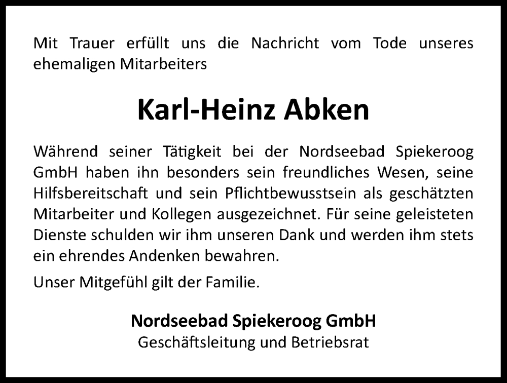  Traueranzeige für Karl-Heinz Abken vom 20.02.2024 aus WZ/JW/AH