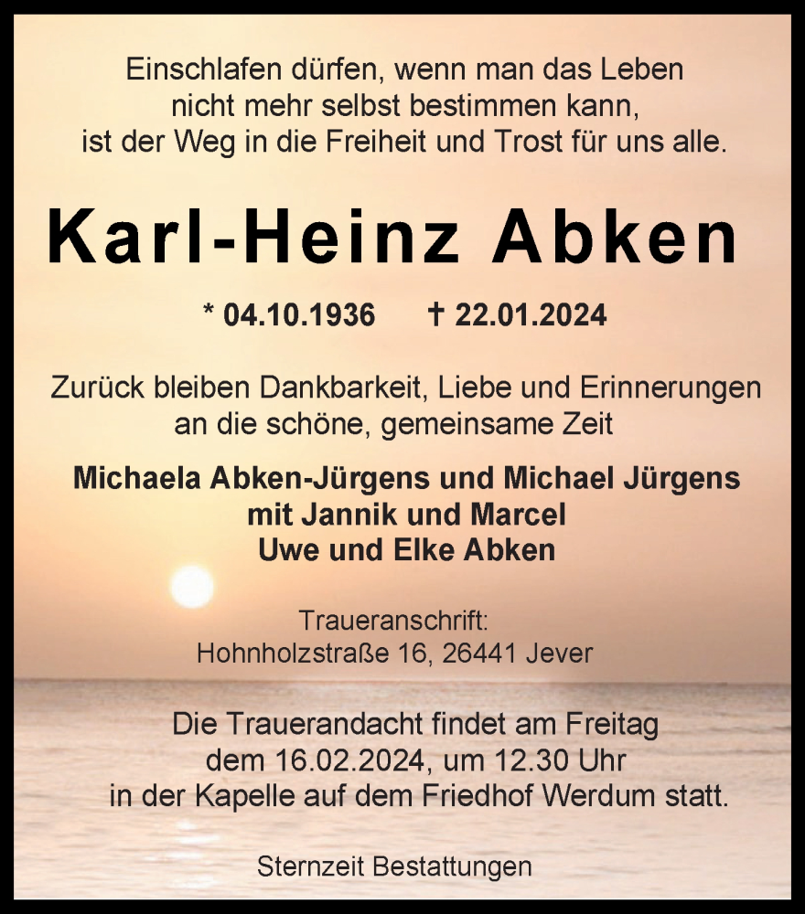  Traueranzeige für Karl-Heinz Abken vom 07.02.2024 aus WZ/JW/AH