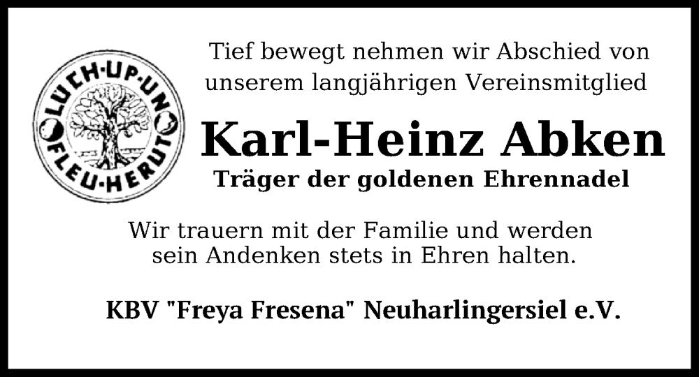  Traueranzeige für Karl-Heinz Abken vom 12.02.2024 aus WZ/JW/AH