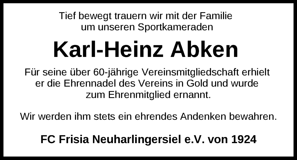  Traueranzeige für Karl-Heinz Abken vom 13.02.2024 aus WZ/JW/AH