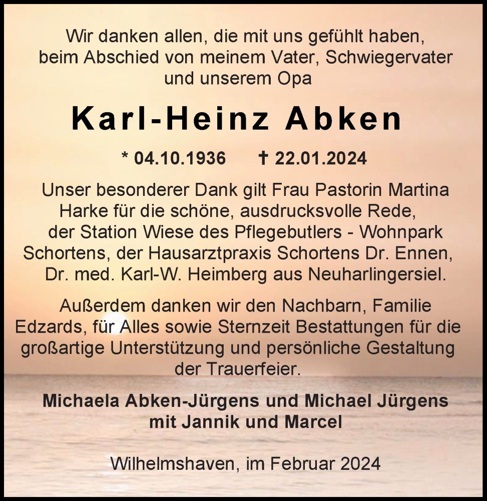  Traueranzeige für Karl-Heinz Abken vom 24.02.2024 aus WZ/JW/AH