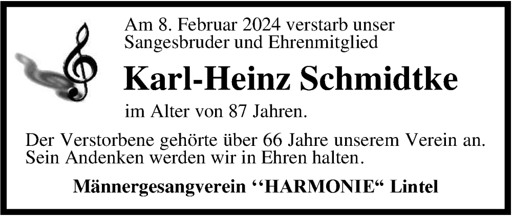  Traueranzeige für Karl-Heinz Schmidtke vom 13.02.2024 aus Nordwest-Zeitung