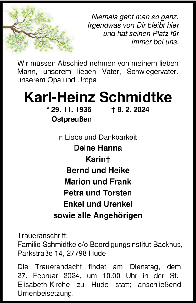  Traueranzeige für Karl-Heinz Schmidtke vom 10.02.2024 aus Nordwest-Zeitung