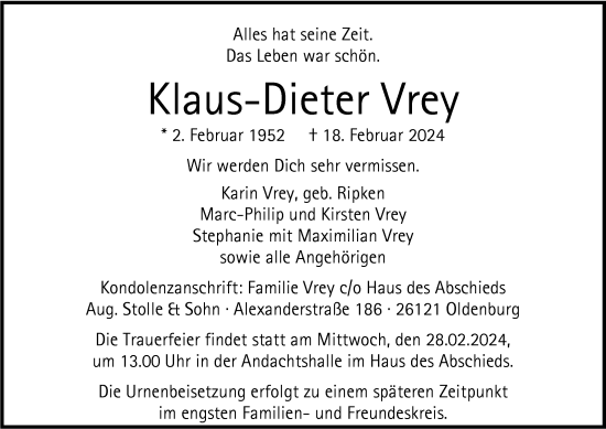 Traueranzeige von Klaus-Dieter Vrey von Nordwest-Zeitung