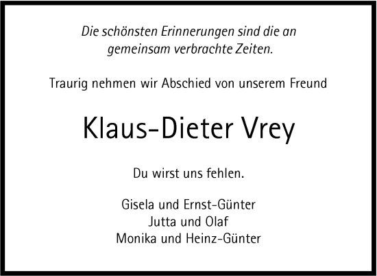 Traueranzeige von Klaus-Dieter Vrey von Nordwest-Zeitung