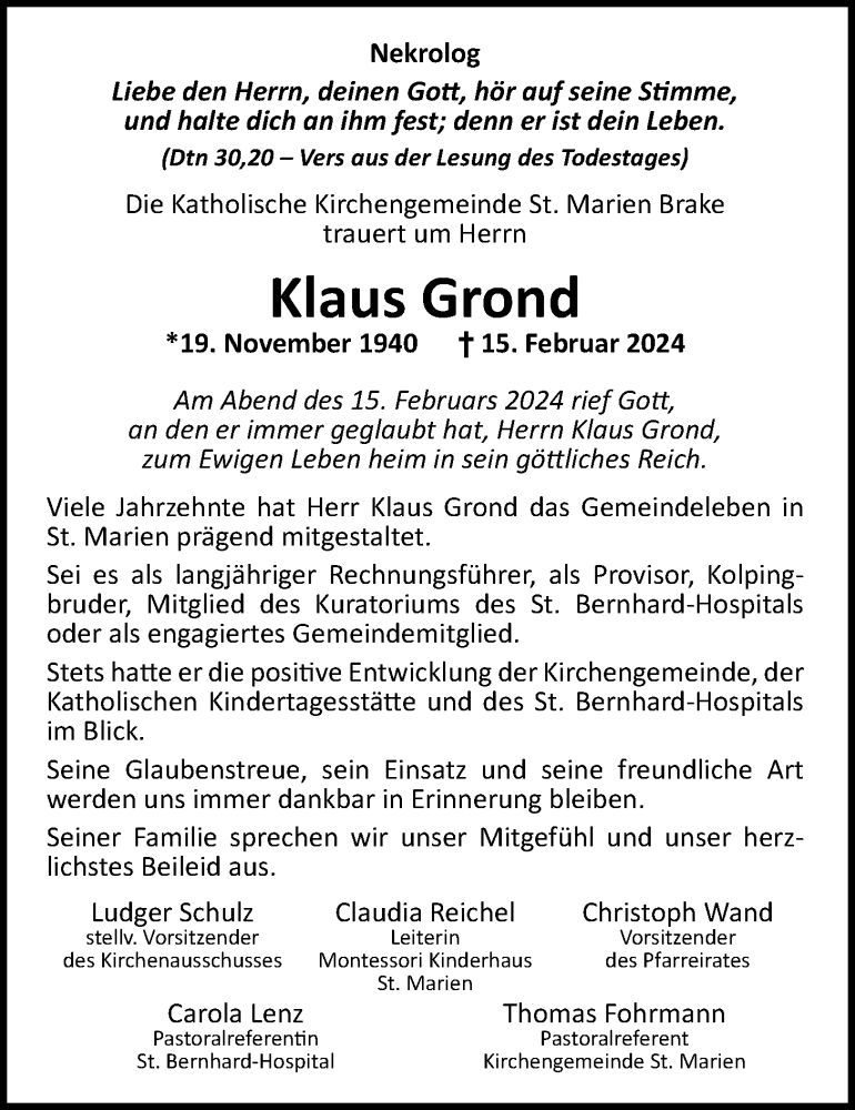  Traueranzeige für Klaus Grond vom 23.02.2024 aus Nordwest-Zeitung