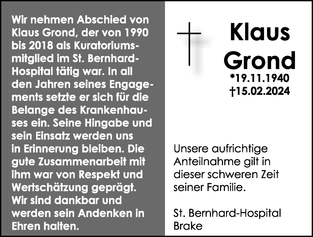 Traueranzeige für Klaus Grond vom 21.02.2024 aus Nordwest-Zeitung