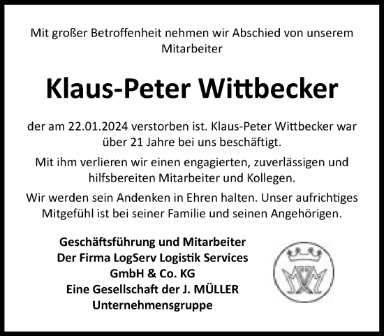 Traueranzeige von Klaus-Peter Wittbecker von Nordwest-Zeitung