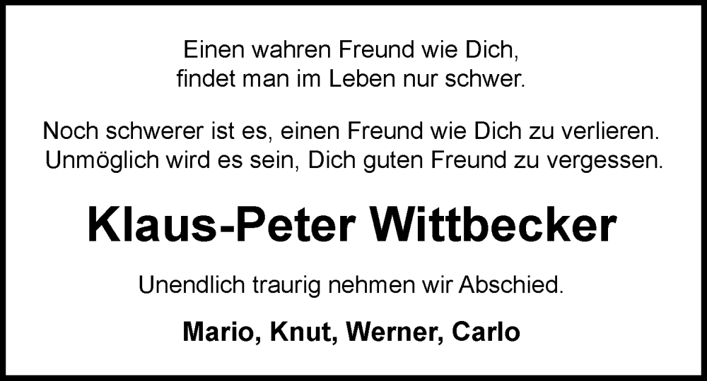  Traueranzeige für Klaus-Peter Wittbecker vom 03.02.2024 aus Nordwest-Zeitung