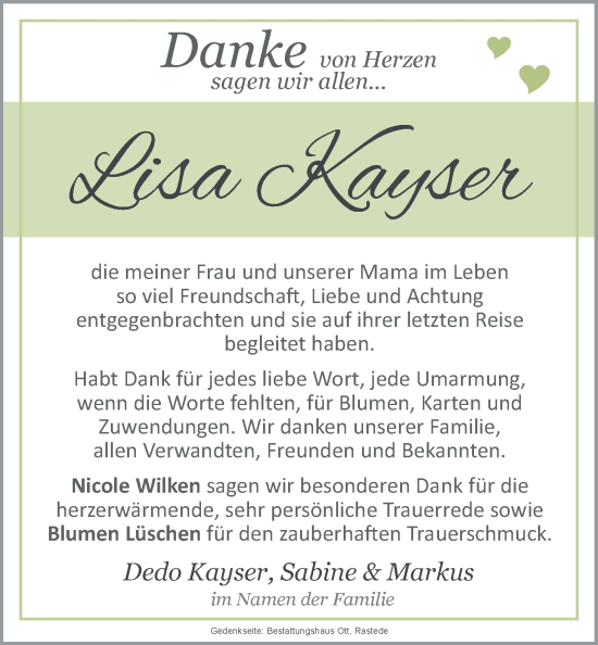 Traueranzeige von Lisa Kayser von Nordwest-Zeitung