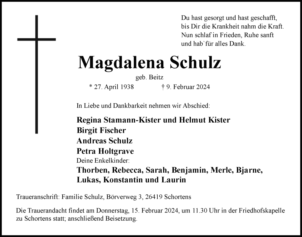  Traueranzeige für Magdalena Schulz vom 13.02.2024 aus WZ/JW/AH