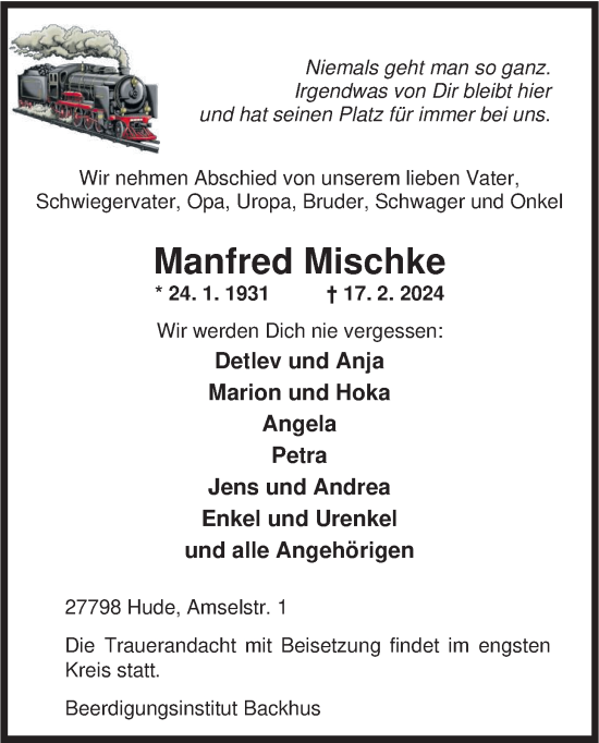 Traueranzeige von Manfred Mischke von Nordwest-Zeitung