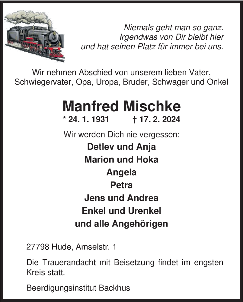  Traueranzeige für Manfred Mischke vom 22.02.2024 aus Nordwest-Zeitung