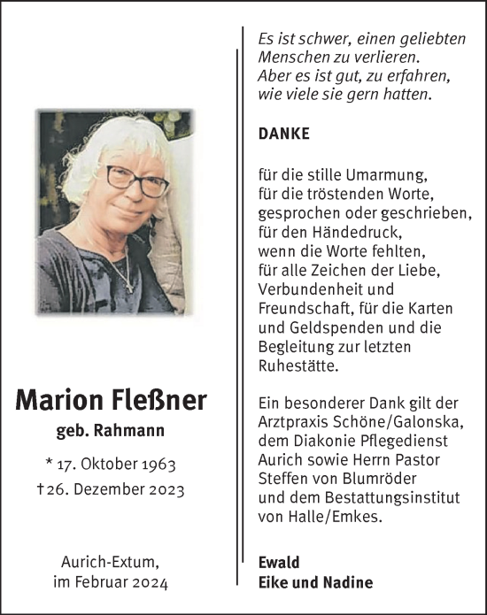 Traueranzeige von Marion Fleßner von Nordwest-Zeitung