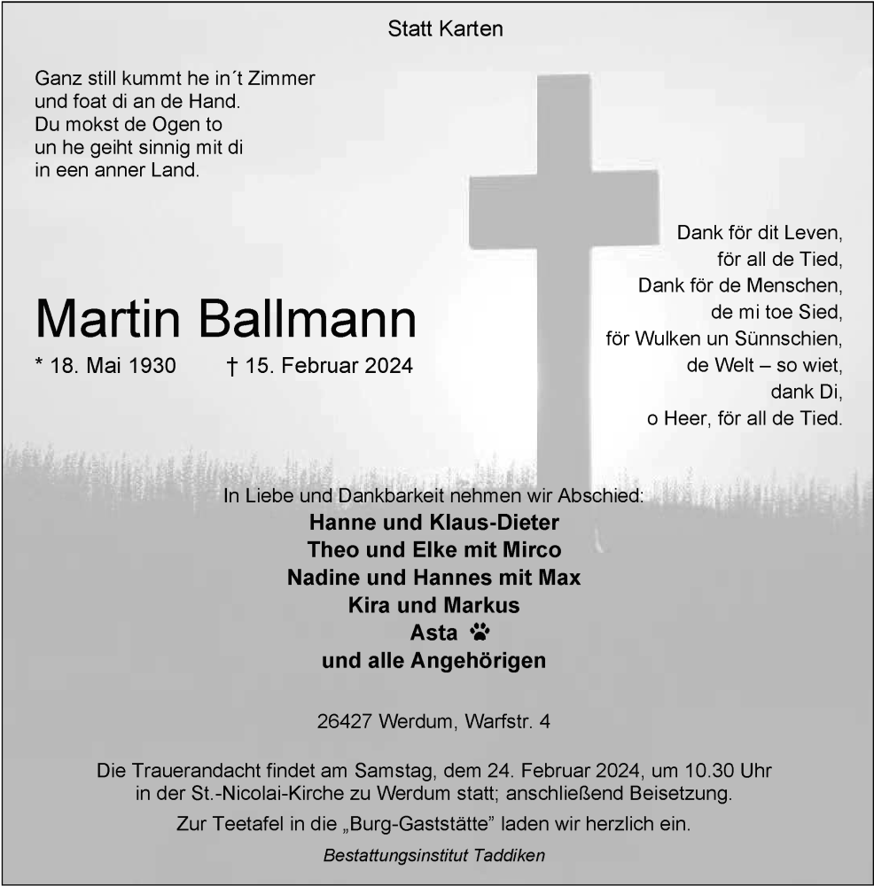  Traueranzeige für Martin Ballmann vom 20.02.2024 aus WZ/JW/AH