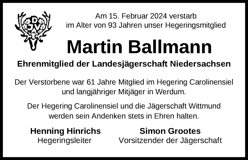  Traueranzeige für Martin Ballmann vom 20.02.2024 aus WZ/JW/AH
