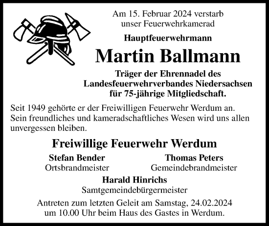 Traueranzeige von Martin Ballmann von WZ/JW/AH