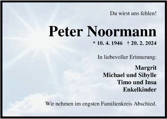Traueranzeige von Peter Noormann von Nordwest-Zeitung