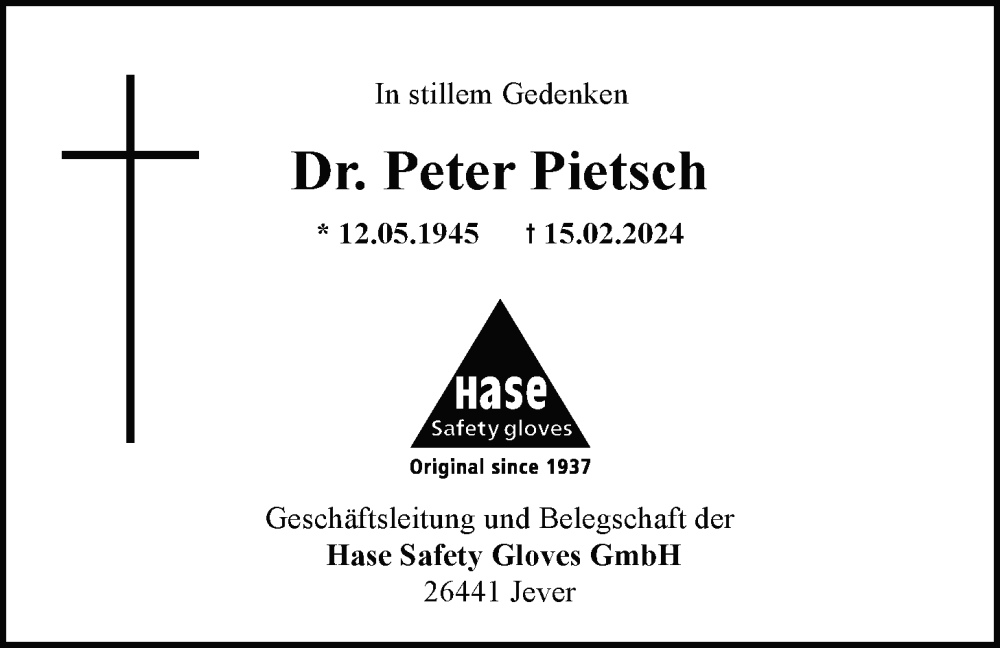  Traueranzeige für Peter Pietsch vom 21.02.2024 aus WZ/JW/AH