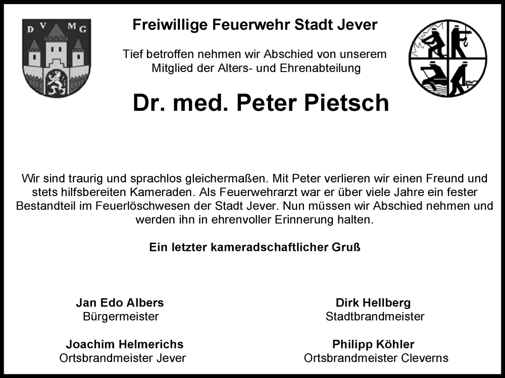 Traueranzeige für Peter Pietsch vom 21.02.2024 aus WZ/JW/AH
