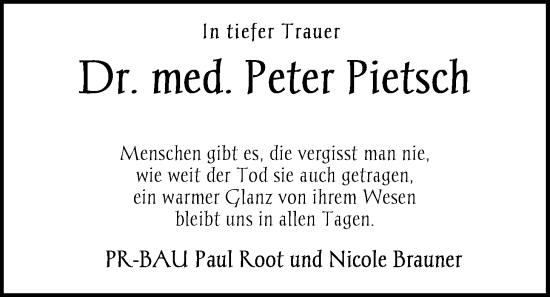 Traueranzeige von Peter Pietsch von WZ/JW/AH