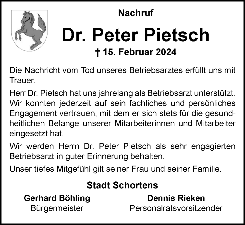  Traueranzeige für Peter Pietsch vom 21.02.2024 aus WZ/JW/AH
