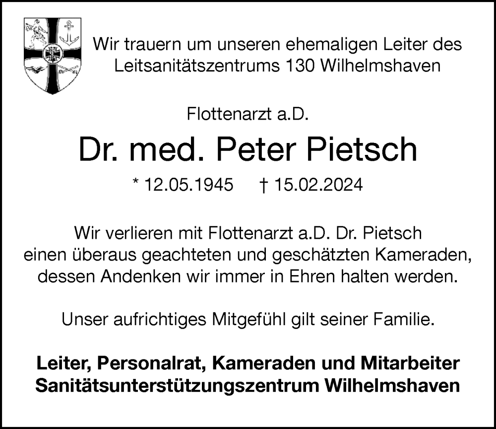  Traueranzeige für Peter Pietsch vom 21.02.2024 aus WZ/JW/AH