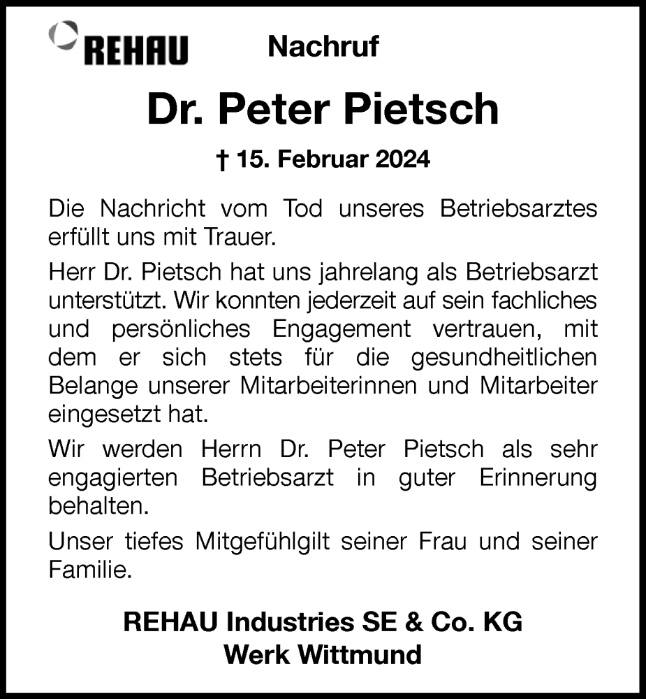  Traueranzeige für Peter Pietsch vom 22.02.2024 aus WZ/JW/AH