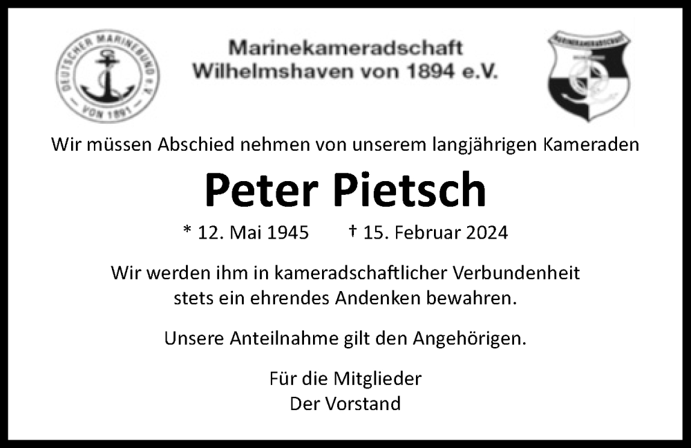  Traueranzeige für Peter Pietsch vom 22.02.2024 aus WZ/JW/AH
