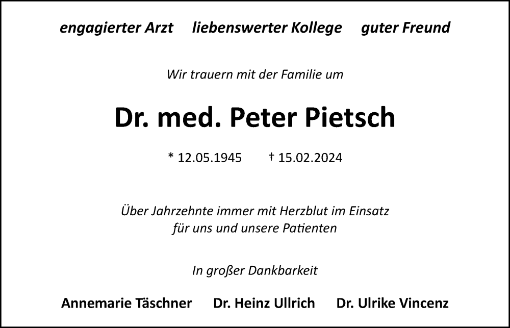  Traueranzeige für Peter Pietsch vom 20.02.2024 aus WZ/JW/AH