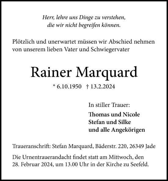 Traueranzeige von Rainer Marquard von Nordwest-Zeitung