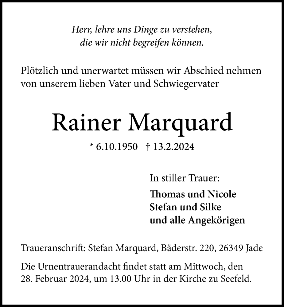  Traueranzeige für Rainer Marquard vom 20.02.2024 aus Nordwest-Zeitung