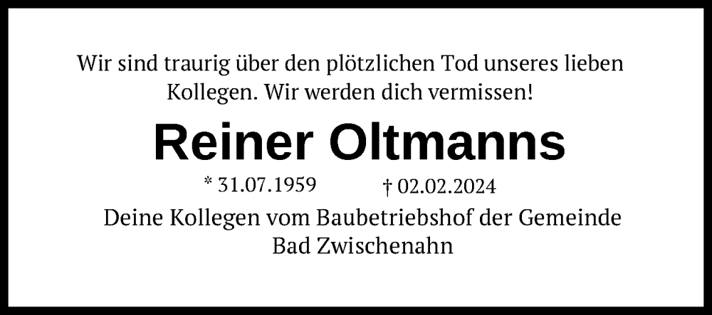  Traueranzeige für Reiner Oltmanns vom 07.02.2024 aus Nordwest-Zeitung