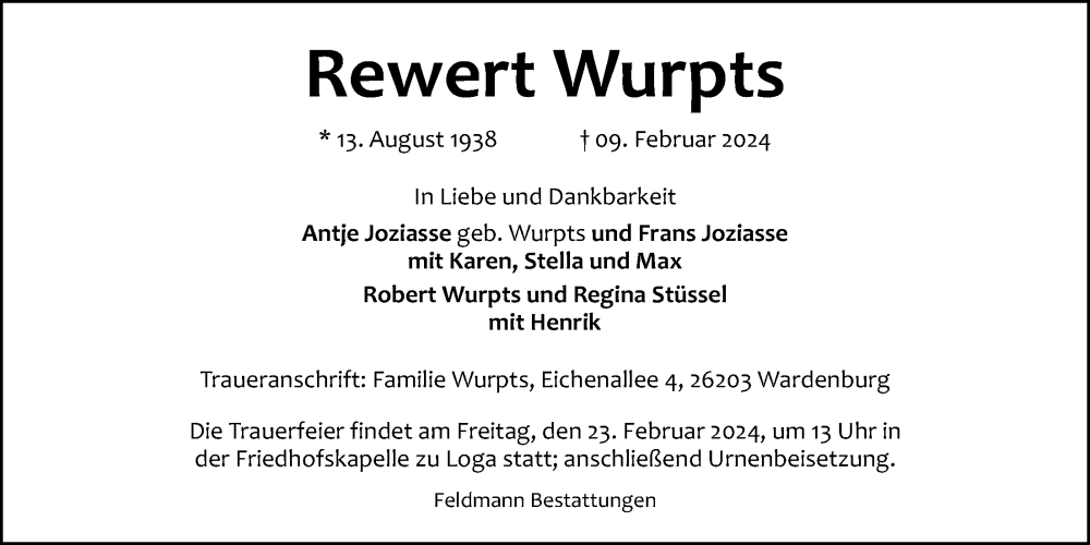  Traueranzeige für Rewert  Wurpts vom 17.02.2024 aus Nordwest-Zeitung