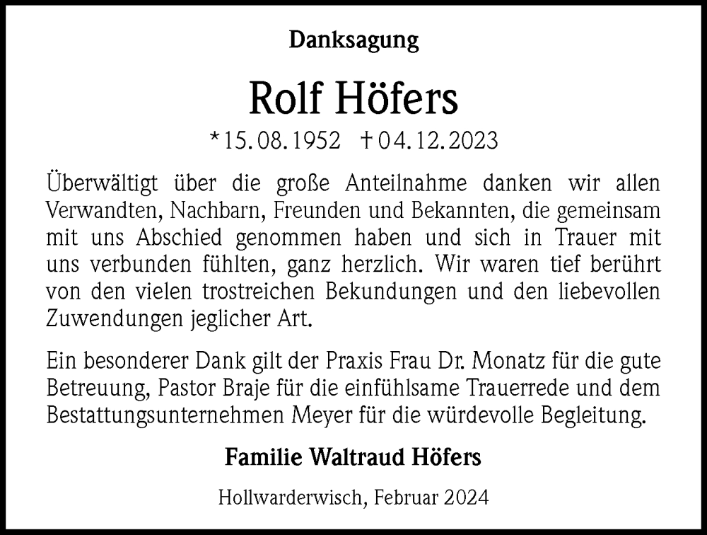  Traueranzeige für Rolf Höfers vom 03.02.2024 aus Nordwest-Zeitung